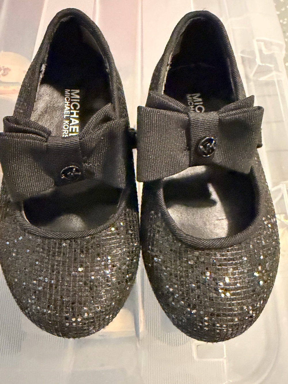 Michael Kors Girls Black Glitter Bow Mary Janes